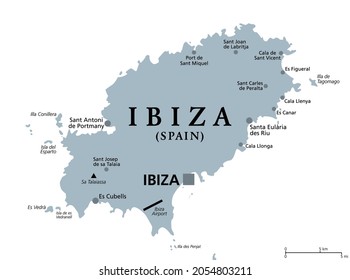 Ibiza, gray political map. Part of Balearic Islands, an archipelago and autonomous community of Spain in the Mediterranean Sea. Known for its nightlife and electronic dance music. Illustration. Vector