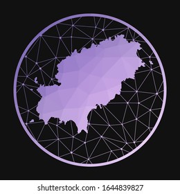 Ibiza icon. Vector polygonal map of the island. Ibiza icon in geometric style. The island map with purple low poly gradient on dark background.