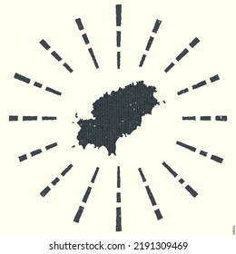 Ibiza Logo. Grunge sunburst poster with map of the island. Shape of Ibiza filled with hex digits with sunburst rays around. Modern vector illustration.