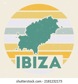 Ibiza logo. Sign with the map of island and colored stripes, vector illustration. Can be used as insignia, logotype, label, sticker or badge of the Ibiza.