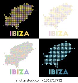 Ibiza map. Collection of maps of Ibiza in dotted style. Borders of the island filled with rectangles for your design. Vector illustration.