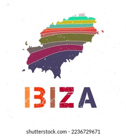 Ibiza map design. Shape of the island with beautiful geometric waves and grunge texture. Modern vector illustration.