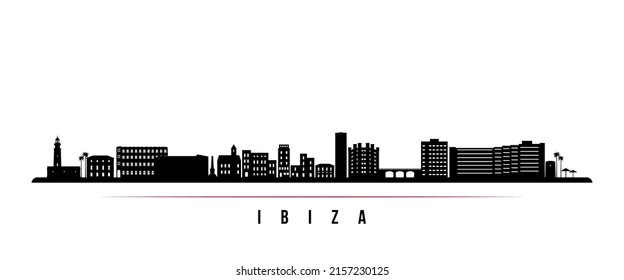 Ibiza skyline horizontal banner. Black and white silhouette of Ibiza, Spain. Vector template for your design. 