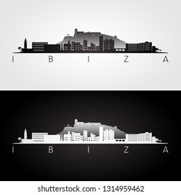 Ibiza skyline and landmarks silhouette, black and white design, vector illustration.