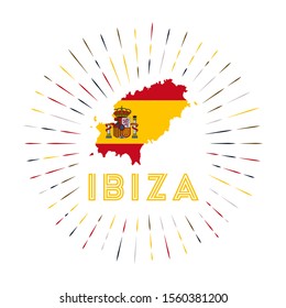 Ibiza sunburst badge. The island sign with a map of Ibiza with the Spanish flag. Colorful rays around the logo. Vector illustration.