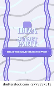 IBIZA SUNSET PARTY display type design with chromatic offset text and ripple line wave line left right trim