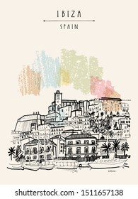 Ibiza Town Old City, Balearic Islands, Spain, Europe. Ibiza Castle. Historical Buildings.Travel Sketch. Hand Drawn Vintage Book Illustration, Greeting Card, Postcard, Poster. EPS10 Vector Illustration