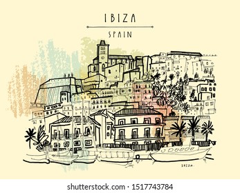 Ibiza Town Old city, Balearic islands, Spain, Europe. Ibiza castle. Historical buildings.Travel sketch. Hand drawn vintage book illustration, greeting card, postcard, poster. EPS10 vector illustration