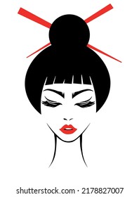 iBlack and white illustration of elegant Japanese woman.