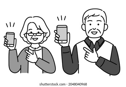 Ibody of a senior couple showing the screen of a smartphone with a smile.Vector data that is easy to edit.