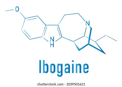 Ibogaine alkaloid molecule, found in Tabernanthe iboga. Skeletal formula.