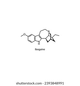 Ibogaine molecular structure, skeletal formula diagram on White background. Scientific EPS10 vector illustration.