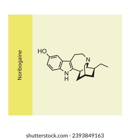 Estructura molecular ibogaine, diagrama de fórmula esquelética sobre fondo azul. Ilustración vectorial EPS10 científica.