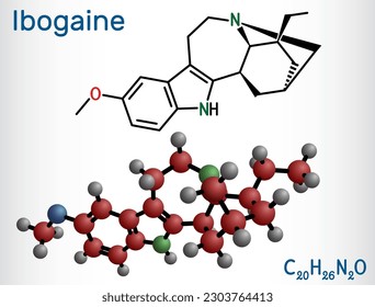 Molécula de ibogaína. Es alcaloide indoide monoterpenoide, principio psicoactivo, alucinógeno, psicodélico. Fórmula química estructural, modelo molécula. Ilustración del vector