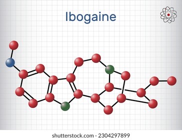 Molécula de ibogaína. Es alcaloide indoide monoterpenoide, principio psicoactivo, alucinógeno, psicodélico. Fórmula química estructural, modelo molécula. Hoja de papel en una jaula. Ilustración del vector