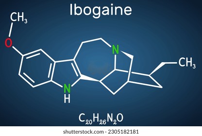 Molécula de ibogaína. Es alcaloide indoide monoterpenoide, principio psicoactivo, alucinógeno, psicodélico. Fórmula química estructural en el fondo azul oscuro. Ilustración del vector