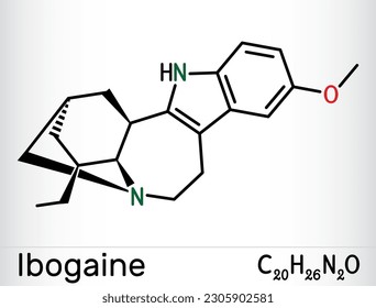 Molécula de ibogaína. Es alcaloide indoide monoterpenoide, principio psicoactivo, alucinógeno, psicodélico. Fórmula química esquelética. Ilustración del vector