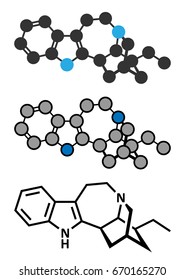 Ibogamine alkaloid molecule, found in Tabernanthe iboga. Conventional skeletal formula and stylized representations.