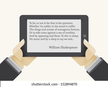 ibook reader in human hands. William Shakespeare's To be or not to be from play Hamlet on the screen. Concepts: education, online library, reading classic literature, cloud computing, Apple Books etc.