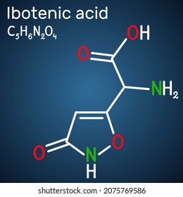 Ibotenic acid psychoactive drug molecule. It is non-proteinogenic alpha-amino acid, neurotoxin. Is found in AMANITA mushrooms. Structural chemical formula, dark blue background. Vector illustration