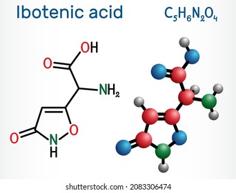 Ibotenic acid psychoactive drug molecule. It is non-proteinogenic alpha-amino acid, neurotoxin. Is found in AMANITA mushrooms. Structural chemical formula, molecule model. Vector illustration