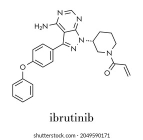 Ibrutinib Cancer Drug Molecule. Used In Treatment Of Mantle Cell Lymphoma And Chronic Lymphocytic Leukemia (CLL). Skeletal Formula.