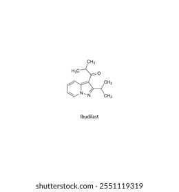Ibudilast flat skeletal molecular structure phosphodiesterase inhibitor drug used in Asthma treatment. Vector illustration scientific diagram.