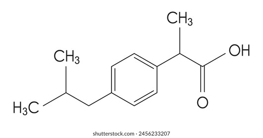 Ibuprofen molecule structure, chemical formula isolated on white background. Vector flat illustration of popular medicine