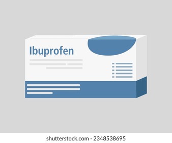 Ibuprofen pills cardboard box illustration. Ibuprofen is a medication used to relieve pain, fever, and inflammation.