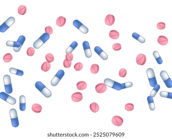 Ibuprofen pills medical vector illustration. Capsule drugs and tablets isolated elements. Blue white and pink  capsules, emergency treatment or vitamins. Medicine tablets concept.