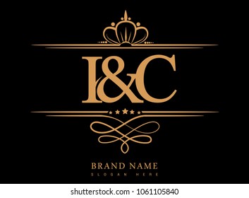 I&C Initial logo, Ampersand initial logo gold with crown and classic pattern