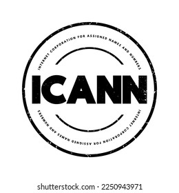ICANN - Internet Corporation for Assigned Names and Numbers acronym text stamp, technology concept background