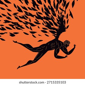 Ícaro cayendo del cielo mientras sus alas pierden sus plumas