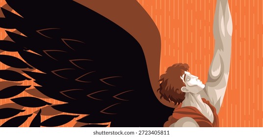 Ícaro volando mientras sus alas pierden plumas