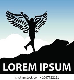 Icarus. man with wings mountain, clouds and sky. logo