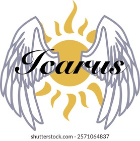 "Icarus" written in elegant, cursive script. The text is overlaid on a graphic of a golden sun with rays extending outward. Flanking the sun are two large, white wings with grey outlines, suggesting.