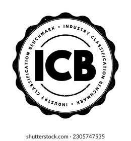 ICB Industry Classification Benchmark - system for assigning all public companies to appropriate subsectors of specific industries, acronym text stamp