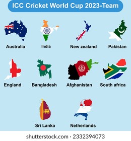 ICC Cricket World Cup 2023- teams flag with map design vector illustration