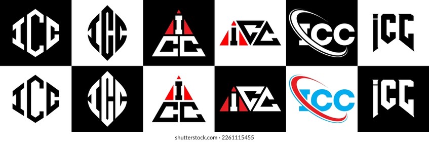 ICC letter logo design in six style. ICC polygon, circle, triangle, hexagon, flat and simple style with black and white color variation letter logo set in one artboard. ICC minimalist and classic logo