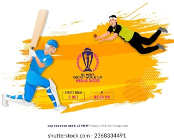 ICC Men's Cricket World Cup India 2023 Poster Design with Illustration of Batter Player and Bowler in Playing Position.