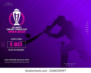 Diseño de afiches de la Copa Mundial de Cricket Masculino de la ICC India 2023 en el jugador de baters color púrpura y efecto dispersión en el juego de pose.