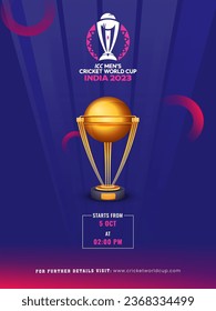 ICC Men's Cricket World Cup India 2023 Flyer or Template Design with Realistic Golden Champions Trophy Cup.