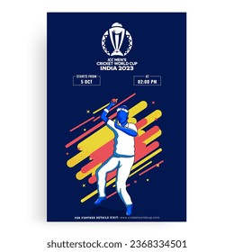 ICC Men's Cricket World Cup India 2023 Flyer or Template Design with Illustration of Bowler Player Throwing Ball.