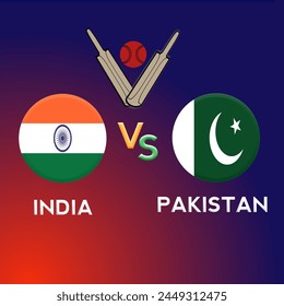 Partido de la Copa Mundial de Críquet ICC masculina 2024 entre India y Pakistán con bandera 3D junto con icono de bate y pelota en fondo azul y rojo 