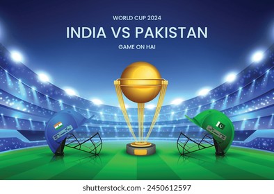 ICC masculino Copa Mundial de Críquet 2024 Diseño de Anuncio con cascos de Equipos participantes India VS Pakistán y Copa de Trofeos de Oro.