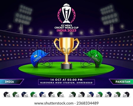 ICC Men's Cricket World Cup India 2023 Match Between India VS Pakistan with Realistic Attire Helmets Facing Each Other and Golden Champions Trophy Cup on Stadium.