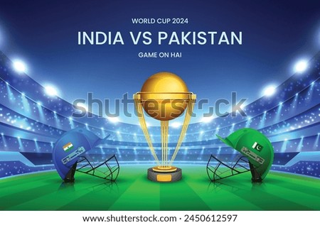 ICC Men's Cricket World Cup 2024 Banner Design with Cricket Helmets of Participating Teams India VS Pakistan and Golden Trophy Cup.