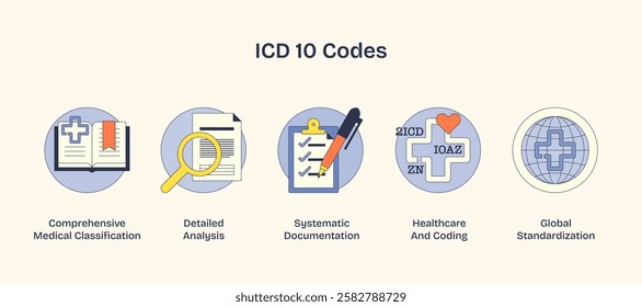 ICD 10 Codes icons with book, checklist, and globe symbolize medical classification and global standardization. Neubrutalism style