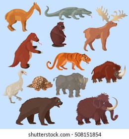 Ice age animals set with mammoth bear and deer bird tiger on blue background isolated vector illustration