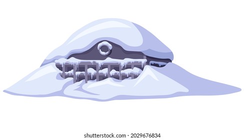 Ice age. Cartoon game house with mountains of snow. Frozen  destroyed building after storm. Aftermath of natural disaster. Vector illustration.